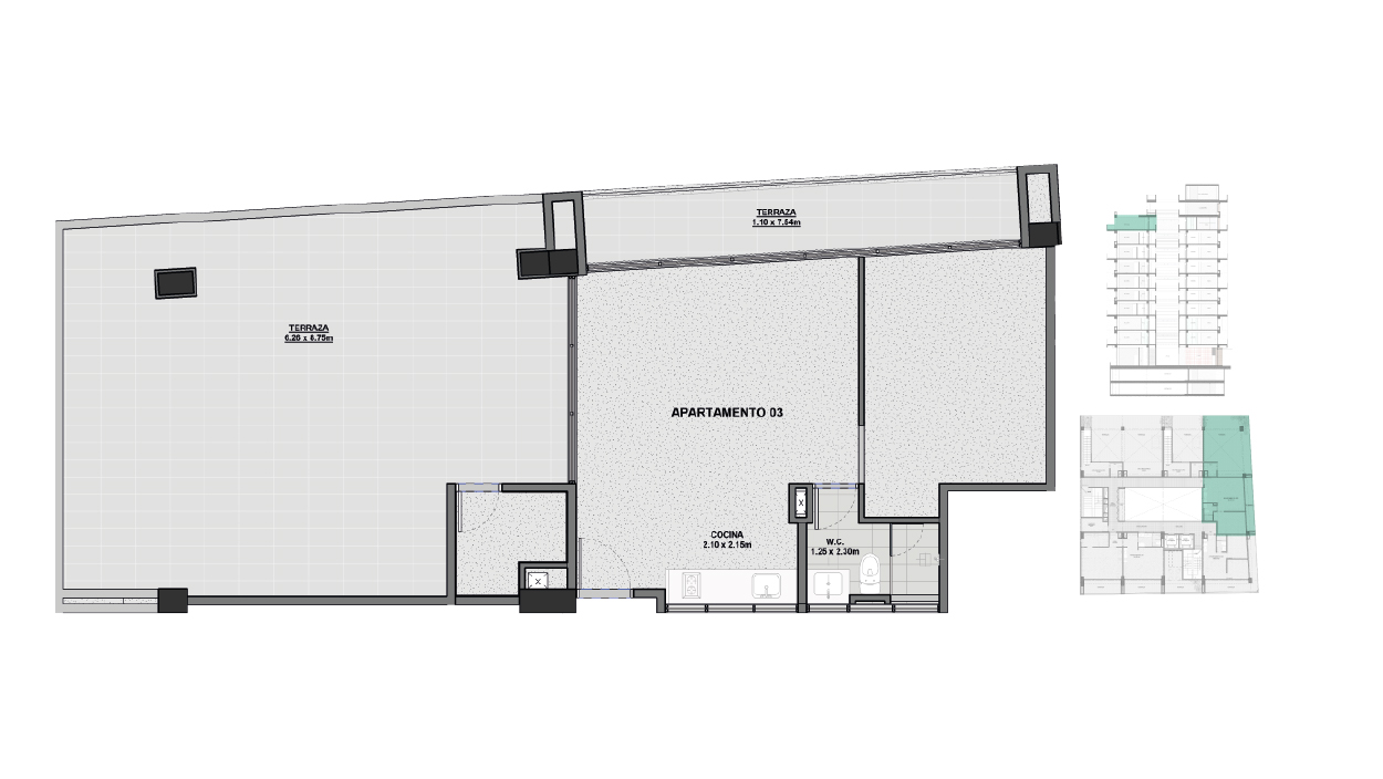 Habitación + Baño + Cocineta + 2 Terrazas (No incluye acabados)