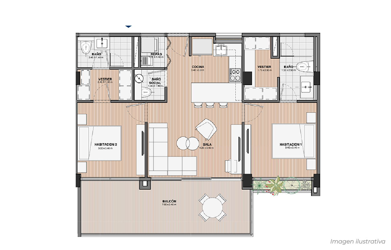(Distribución mariposa) 2 habitaciones con baño y vestier + Baño común + Salón/Comedor + Cocina integral + Zona de ropas + Balcón