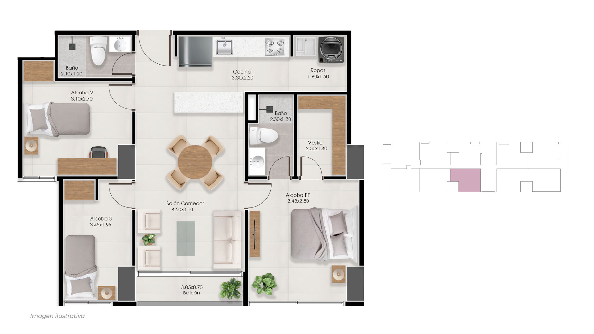 2 Habitaciones (Principal con baño y vestier) + Baño completo + Salón/Comedor + Cocina + Zona de ropas + Balcón